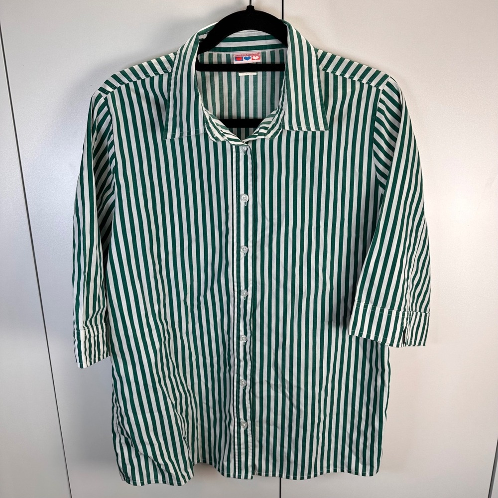 VTG‎ American Sweetheart Lg Green White Striped 3/4 Sleeve Button Down Tunic Top